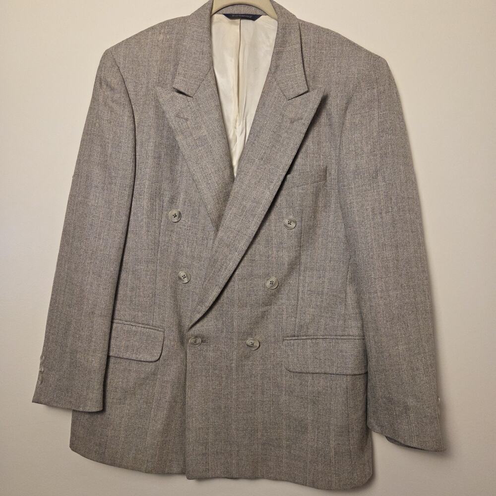 Burberrys Vintage Mens 40R Blazer Gray Herringbone Double Breasted USA
